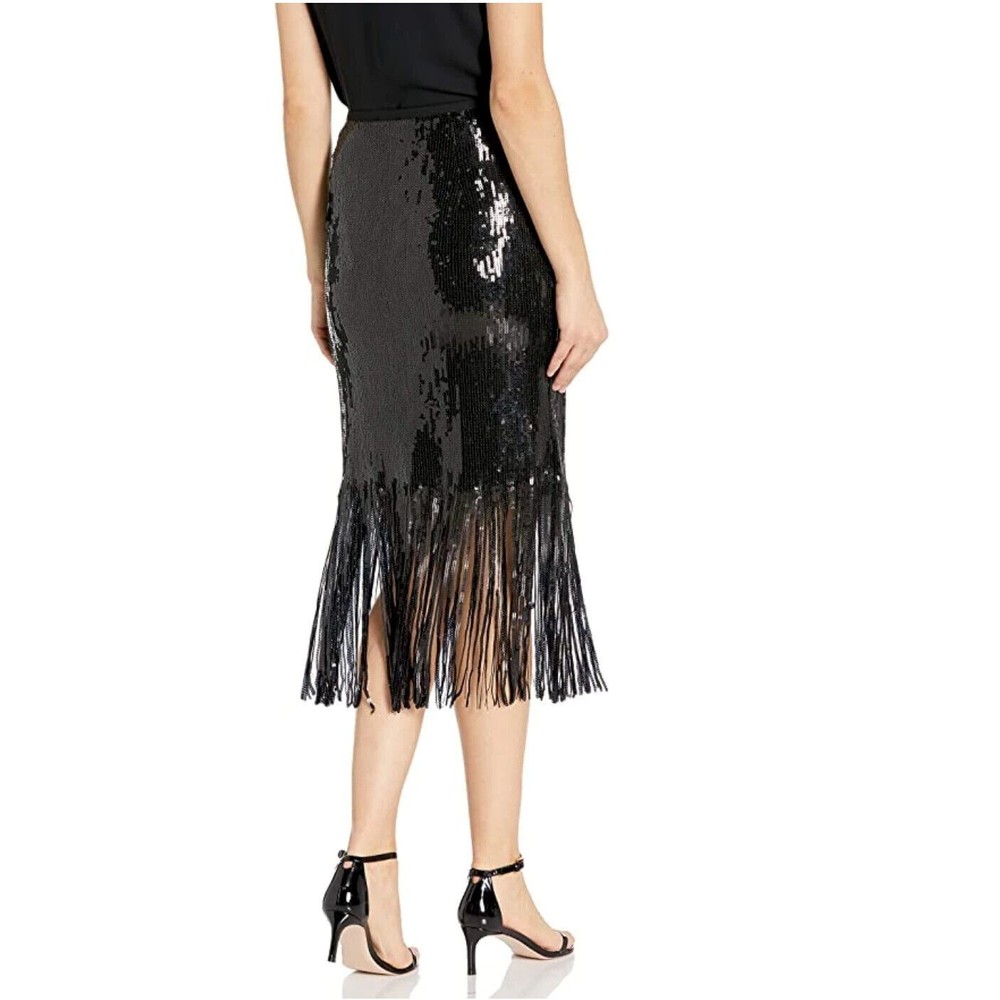 Designer Vince Camuto Black Sequin Midi Length Fringe Fully Lined Evening Skirt - Picture 9 of 11